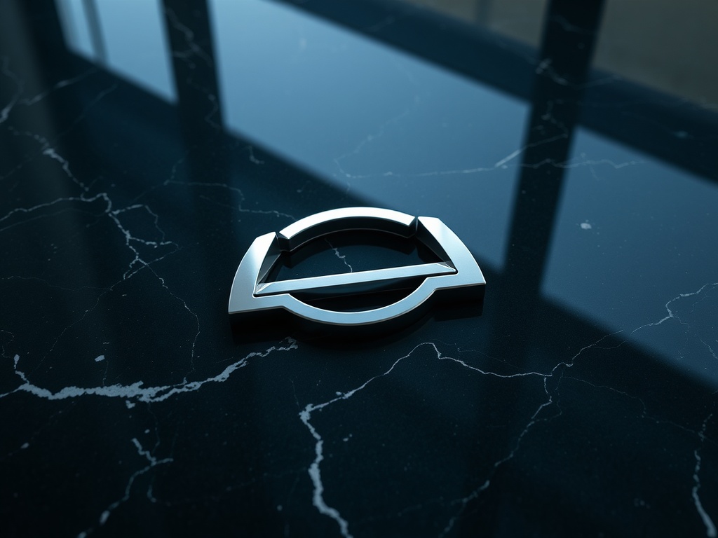 Isolated shot of a sleek metallic logo mark on a dark marble surface, reflection visible, dramatic spotlight, 8k product shot.